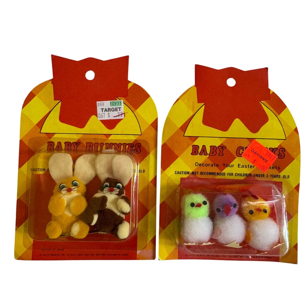 Vintage Easter Unlimited Baby Bunnies Chicks Flocked Figures 1980s Taiwan